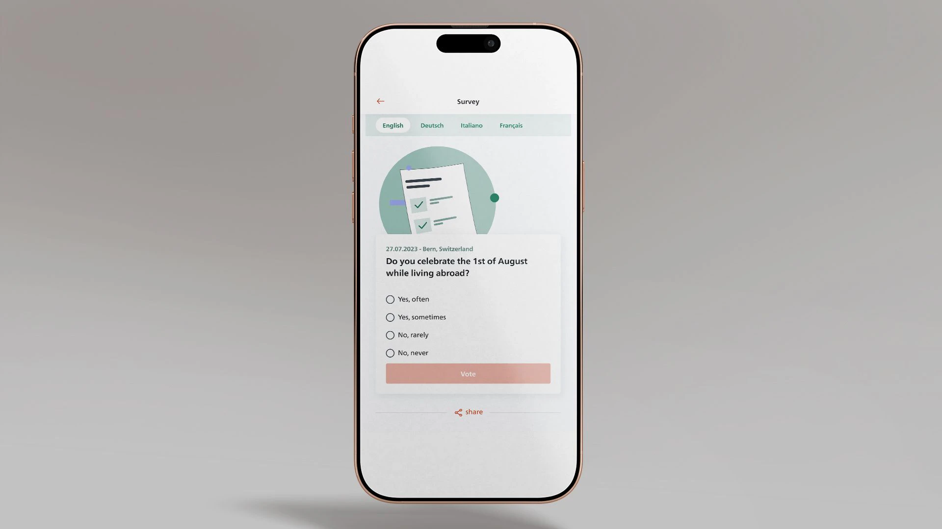 The image shows a smartphone displaying the SwissInTouch app's questionnaire feature.