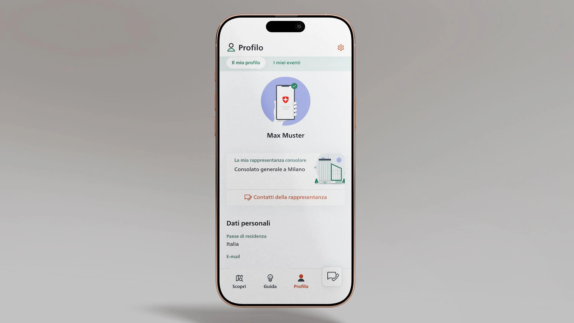 La figura mostra uno smartphone su cui è aperta la rubrica «Profilo» dell’app SwissInTouch.